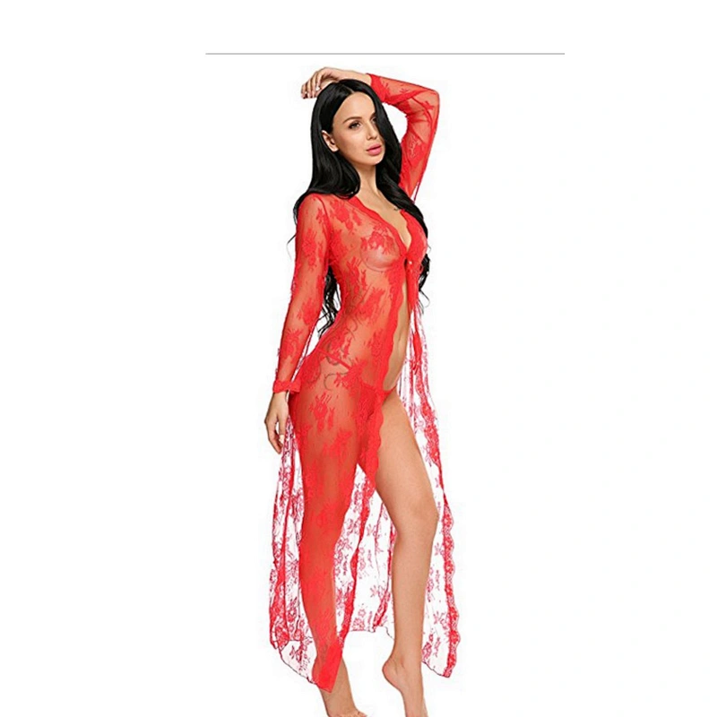 2021Amazon Sexy pajamas  lingerie bathrobe lace long skirt sexy robe  big size
