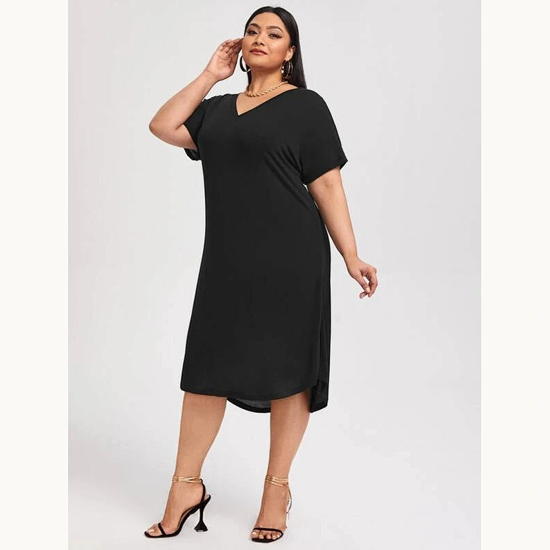 2021 New Plus V-neck Batwing Sleeve Midi Tee Dress