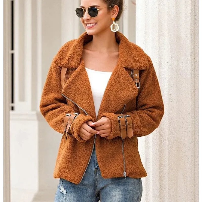 Womens Faux Fur Winter Suit Jacket Teddy Coat Buckle Inclined Zipper Sherpa Pullover