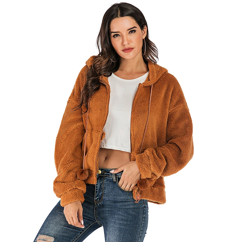 2021Womens Custom Camel Fleece Sweatershirt Hoodies Full Zipper Sherpa Jacket Pullover with Pocket