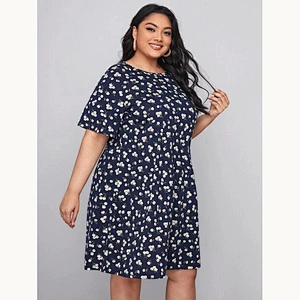 2021 New Plus Ditsy Floral Ruffle Hem Dress Printed dress O Neck short sleeve
