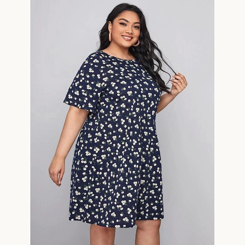 2021 New Plus Ditsy Floral Ruffle Hem Dress Printed dress O Neck short sleeve