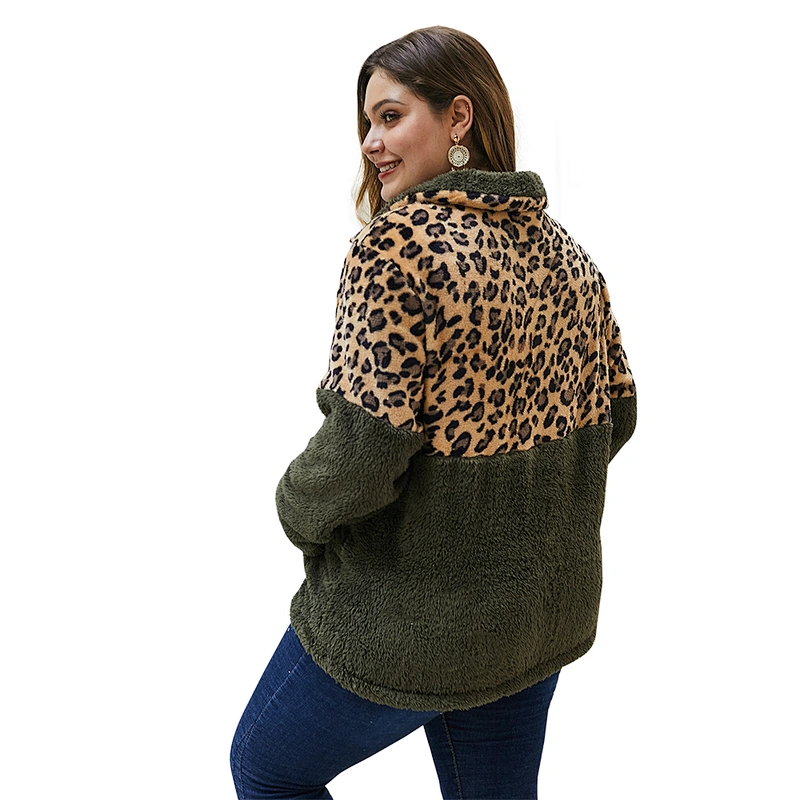 Kangaroo Pocket Womens Oversized Sweatshirt Fuzzy 1/4 zipper Plus Size Leopard Print Sherpa Fleece Pullover