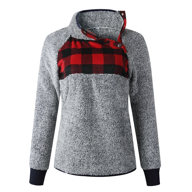 Womens Plaid Patchwork Sweatshirt Sherpa Skew Collar Oversize Fleece Pullover
