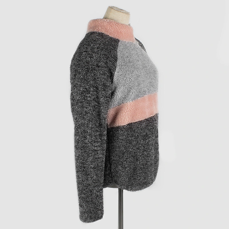 Custom Womens Color Block Sweatshirt Button Skew Collar Oversized Sherpa Fleece Pullover