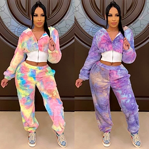 YIWU Factory Wholesale Womens Tie Dye Zip-up Sherpa Cropped Hoodies Jacket Pant Set