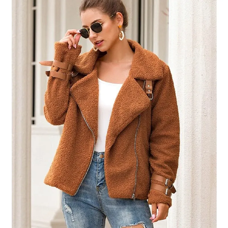 Womens Faux Fur Winter Suit Jacket Teddy Coat Buckle Inclined Zipper Sherpa Pullover