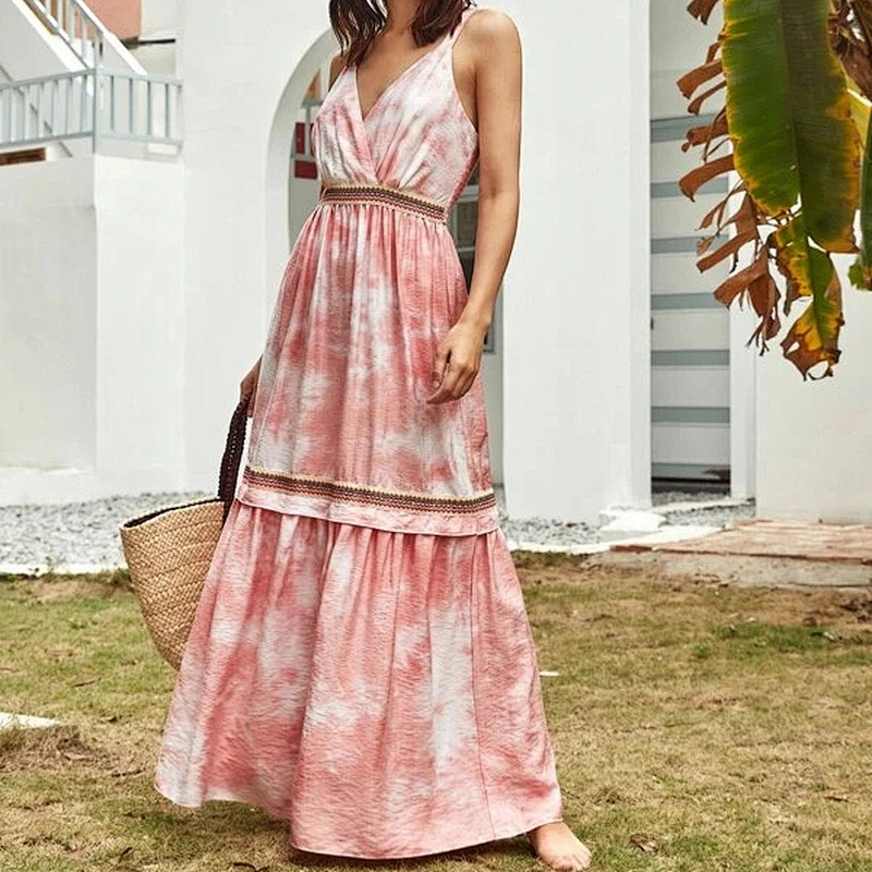 2021 New Arrival Surplice Neck Tape Detail Shirred Tie-Dye Cami Dress Boho Style Multicolor Dress