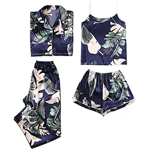2021 Amazon Women's Pajamas Set 4pcs Satin Silk Cami Top Button Down Loungewear Pjs Set