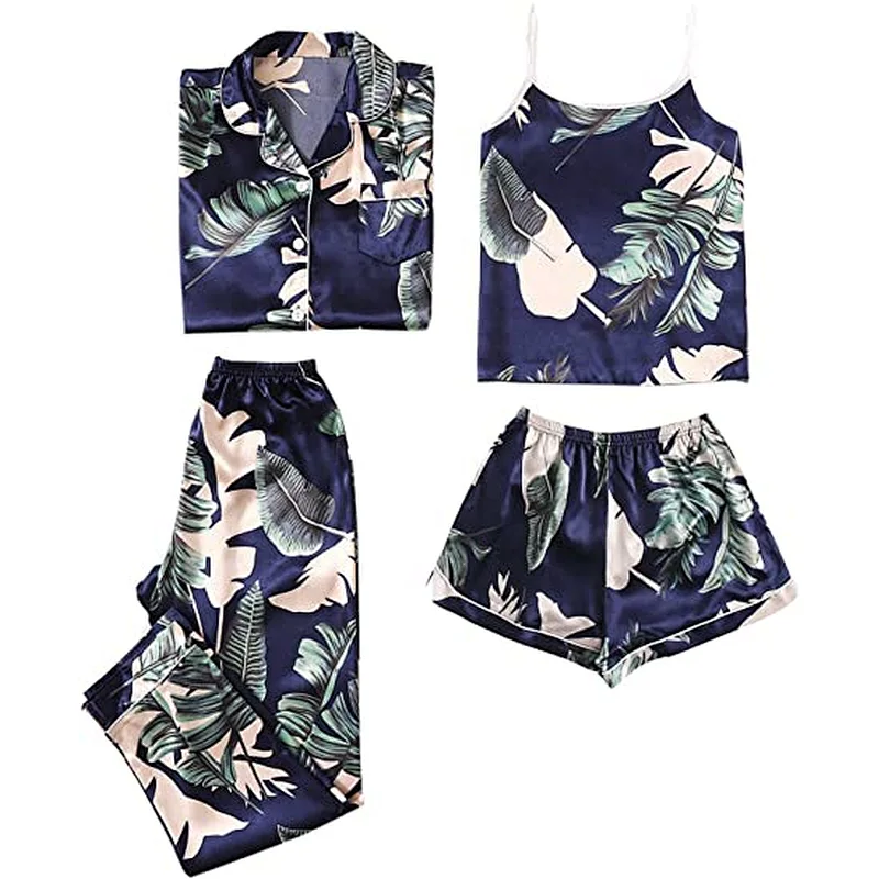 2021 Amazon Women's Pajamas Set 4pcs Satin Silk Cami Top Button Down Loungewear Pjs Set