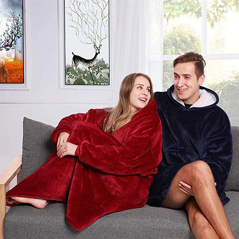 Reversible Blanket Sweatshirt Oversized Wearable Sherpa Fleece Hoodie Blanket pullover with Pocket