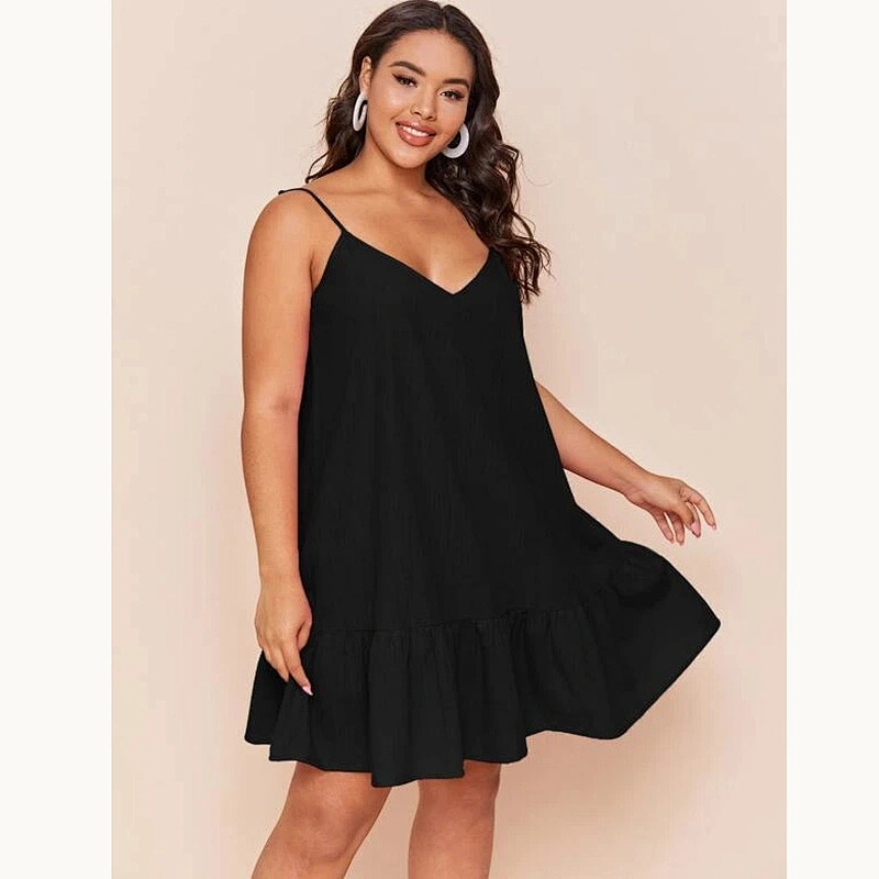 2021 New Plus Double V-Neck Ruffle Hem Slip Dress