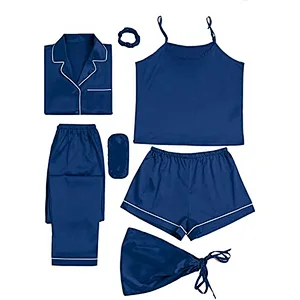 2021Amazon Women's Pajamas Set 7pcs Silk Pajamas  Satin Sleepwear Loungewear Cami Shirt