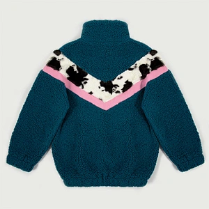 2021 New Design Women's Fuzzy 1/2 Zipper V Shape Patchwork Cow Printing Sherpa Fleece Pullover