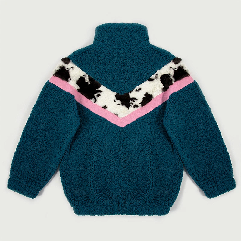 2021 New Design Women's Fuzzy 1/2 Zipper V Shape Patchwork Cow Printing Sherpa Fleece Pullover