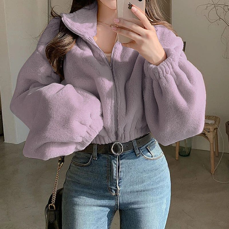 YIWU Factory Womens Turn-down Collar Sherpa Cropped Zip-up Bomber Jacket Pullover