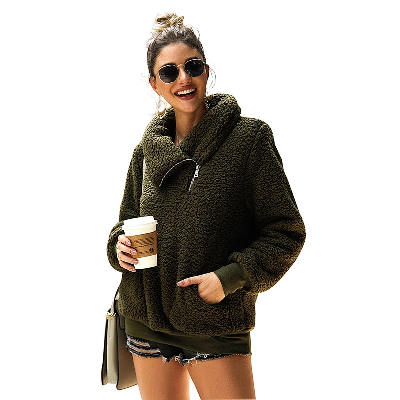 YIWU Factory Solid Color Outwear Sherpa Zipper Skew Collar Fleece Pullover with Pocket