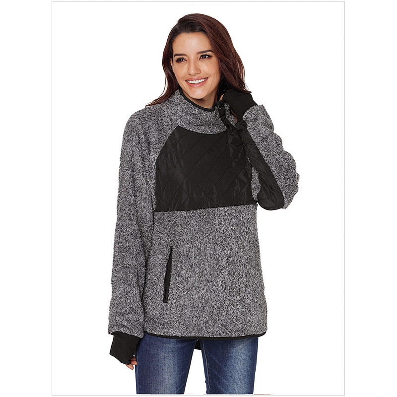 Women Fleece Pullover Sweatshirt Oblique Button Neck Long Sleeve Warm Casual Coat Outwear