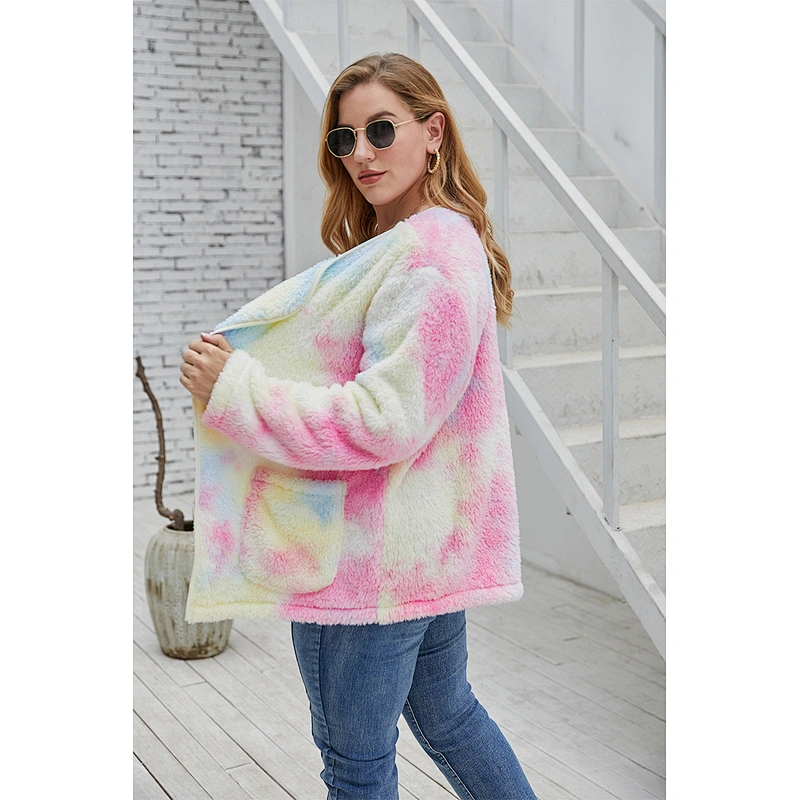 Womens Plus Size (L-5XL) Front Open Tie Dyed Sherpa Fleece Pullover, Oversized Tie Dye Teddy Coat