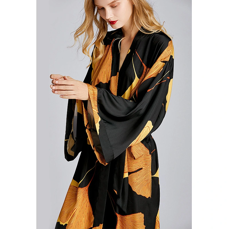 2021 New Arrivel Spring Summer Satin Silk Long Robe Plus Size Robe The Maple Leaves Pajamas