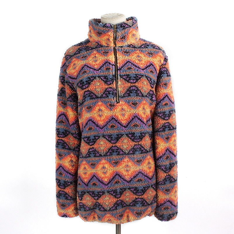 Women's Fuzzy Bold Chevron Pattern Sweatershirt Quarter-zip Sherpa Fleece Pullover