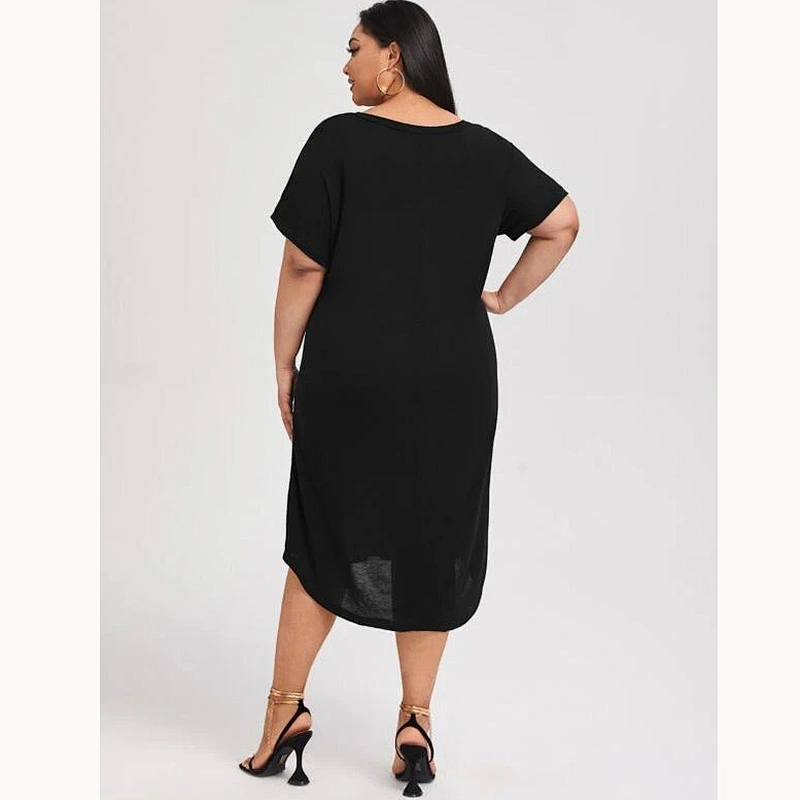 2021 New Plus V-neck Batwing Sleeve Midi Tee Dress