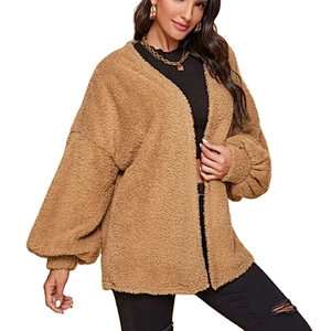 Womens Drop Shoulder Faux Fur Winter Suit Jacket Coat Lantern Sleeve Sherpa Pullover