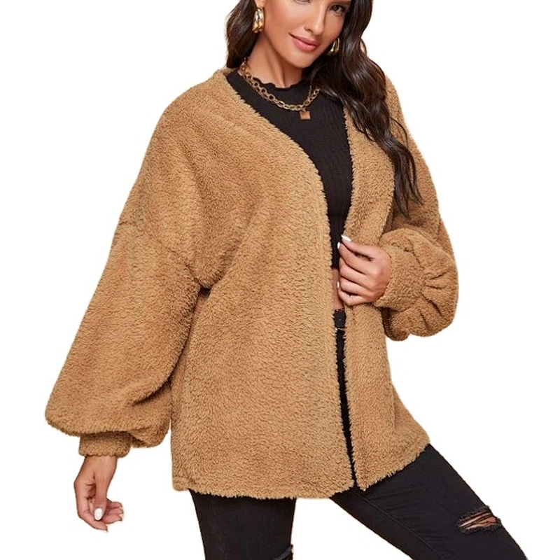 Womens Drop Shoulder Faux Fur Winter Suit Jacket Coat Lantern Sleeve Sherpa Pullover