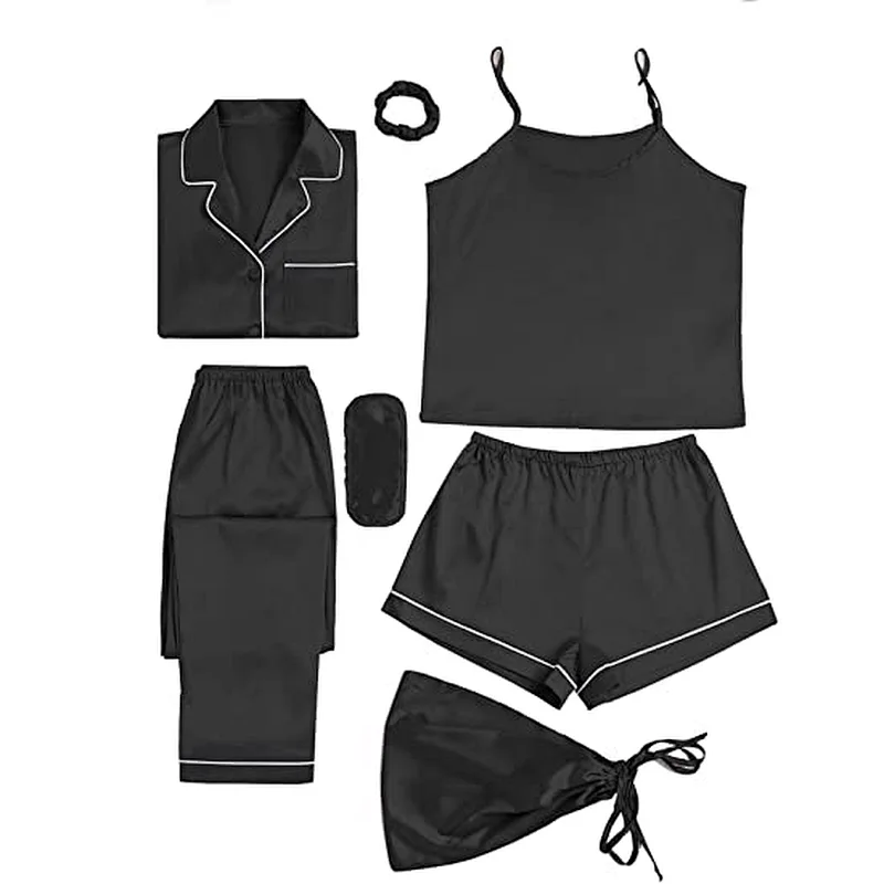 2021Amazon Women's Pajamas Set 7pcs Silk Pajamas  Satin Sleepwear Loungewear Cami Shirt