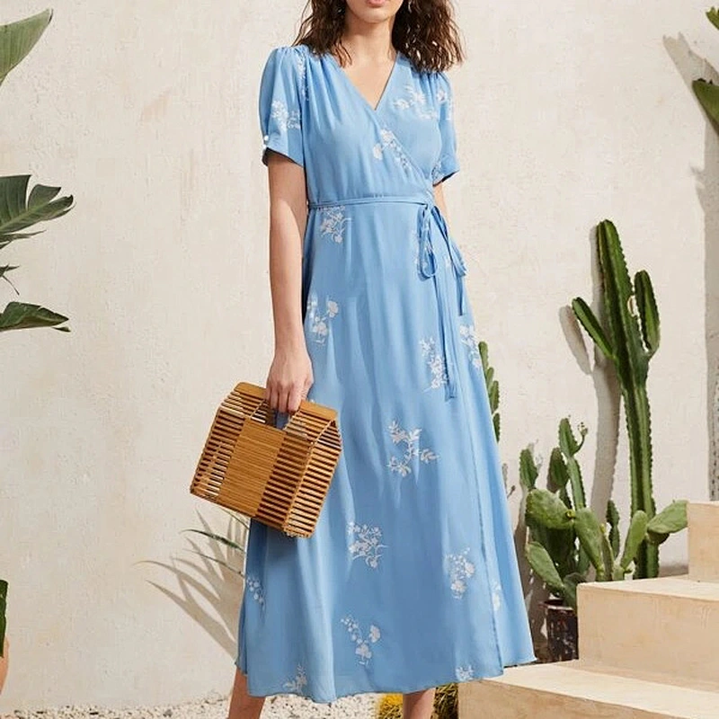 2021 New Arrival Floral Print Wrap Hem A-line Dress Casual Dress Office Sexy Lady Dress