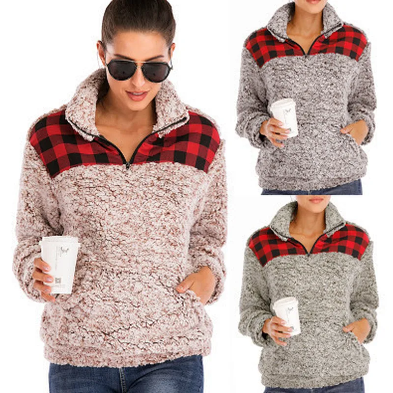 Womens Plaid Patchwork Sweatshirt Sherpa Turtle Collar Zipper Fleece Pullover