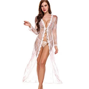 2021Amazon Sexy pajamas  lingerie bathrobe lace long skirt sexy robe  big size