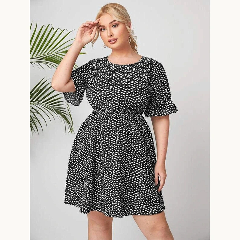 2021 New Plus All Over Print Flounce Short Sleeve Dress Printed dress O Neck