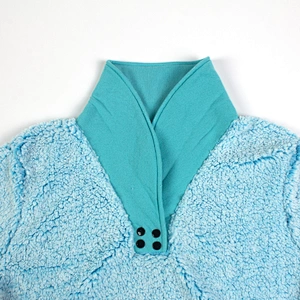 Women's Fuzzy Long Sleeve Sky Blue Color Sweatshirt Button Stand Collar Sherpa Fleece Pullover
