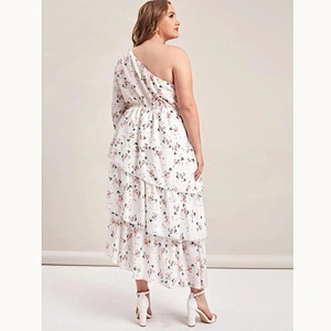 2021 New Plus One Shoulder Layered Hem Floral Dress