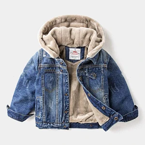 Wholesale Boy's Patch Cotton Washed Blue Denim Plus Velvet Jacket