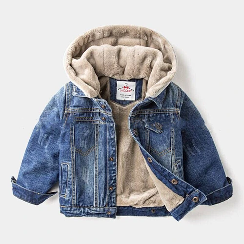 Wholesale Boy's Patch Cotton Washed Blue Denim Plus Velvet Jacket