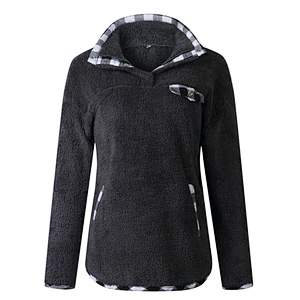 Womens Fuzzy Fleece Pullover Plaid Print Sherpa Sweatshirt Button Collar Tops With Pockets
