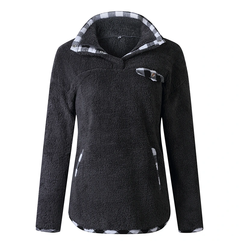 Womens Fuzzy Fleece Pullover Plaid Print Sherpa Sweatshirt Button Collar Tops With Pockets