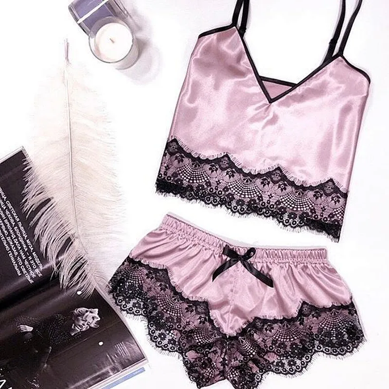 2021Amazon Womens pajamas  Silk pajamas set 2pcs Floral lace Trim Satin with robe