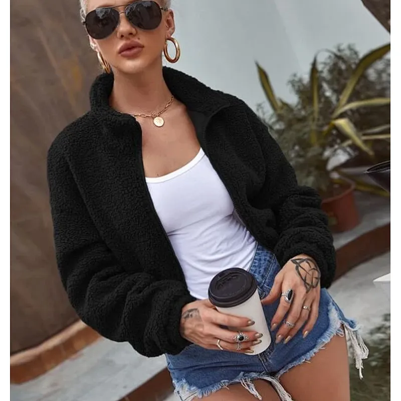 2021 Amazon Womens Solid Zip-up Jacket Sweatershirt Cropped Bomber Sherpa fleece pullover