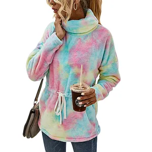Direct Factory Womens Lambs Wool  Front Belt Teddy Coat High Stand Collar Tie Dye Sherpa Fleece Pullover