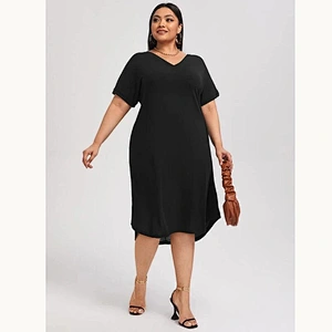 2021 New Plus V-neck Batwing Sleeve Midi Tee Dress