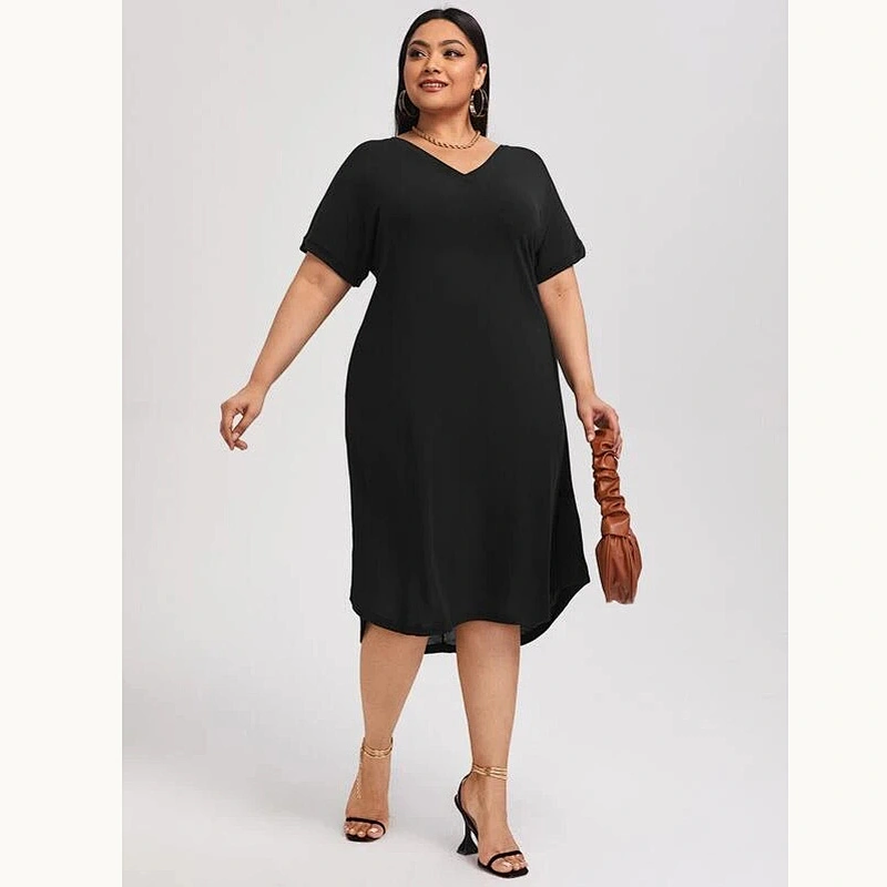 2021 New Plus V-neck Batwing Sleeve Midi Tee Dress