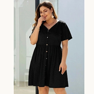 2021 New Plus Button Front V-neck Dress