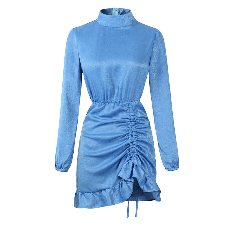 2021 Autumn winter new style of solid color stands neck flounce edge dress sex appeal wrap buttock skirt