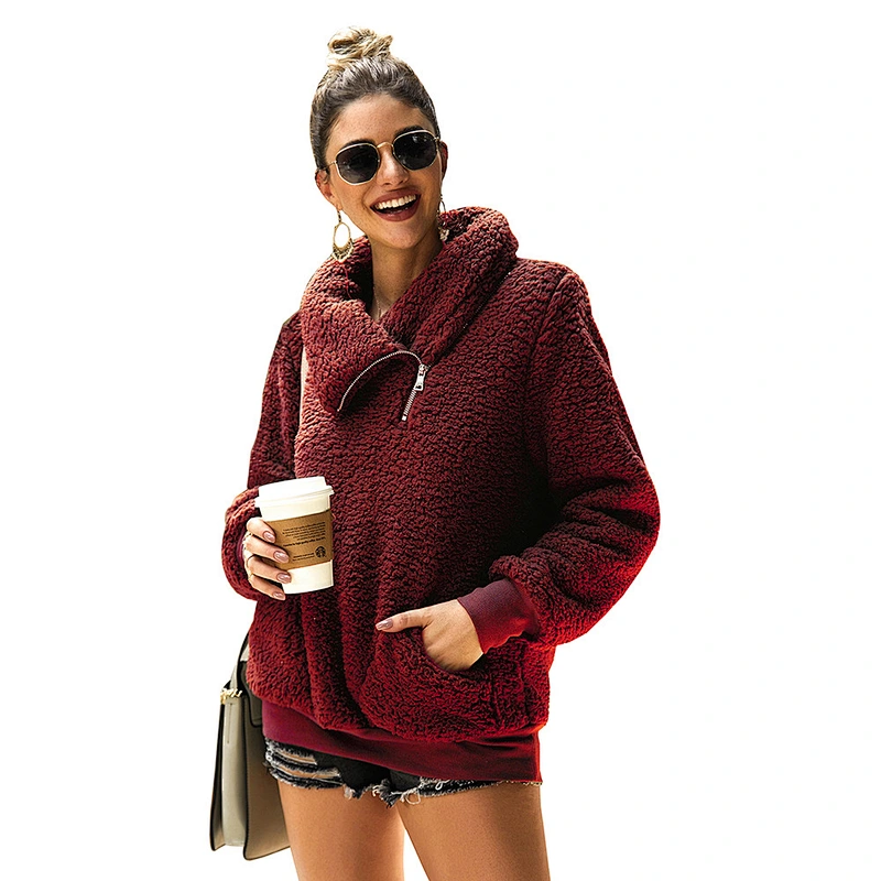 YIWU Factory Solid Color Outwear Sherpa Zipper Skew Collar Fleece Pullover with Pocket