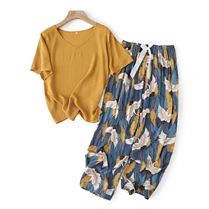 2021new pajamas for women spring summer cotton silk suit short sleeves long trousers  large size casual wear