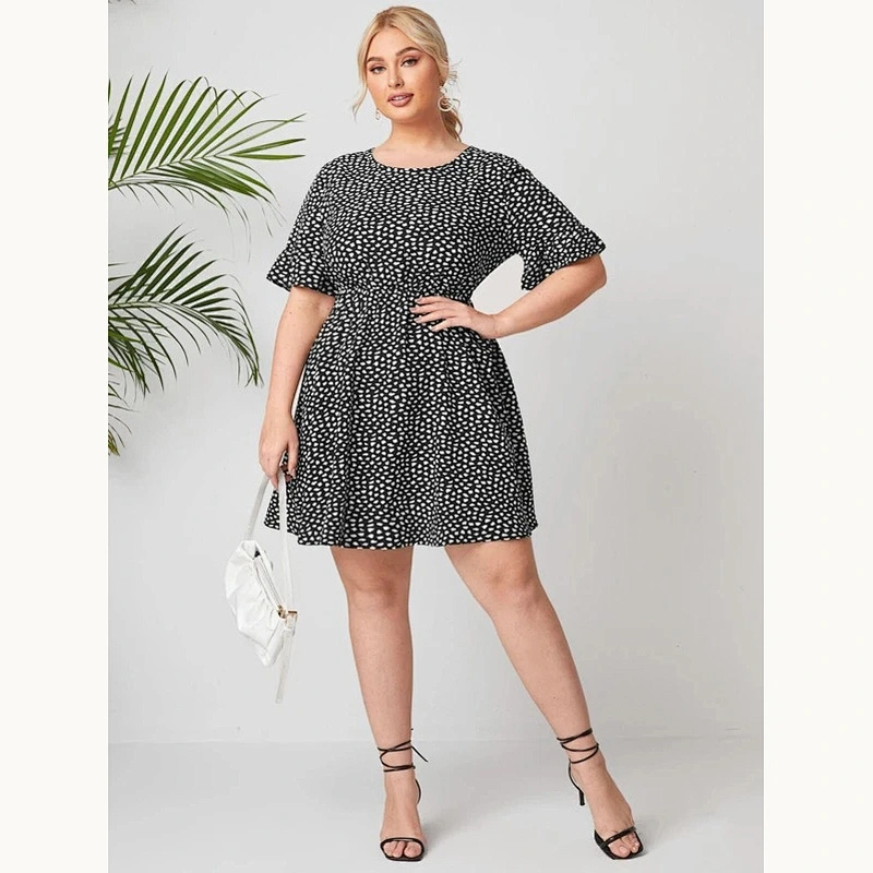 2021 New Plus All Over Print Flounce Short Sleeve Dress Printed dress O Neck