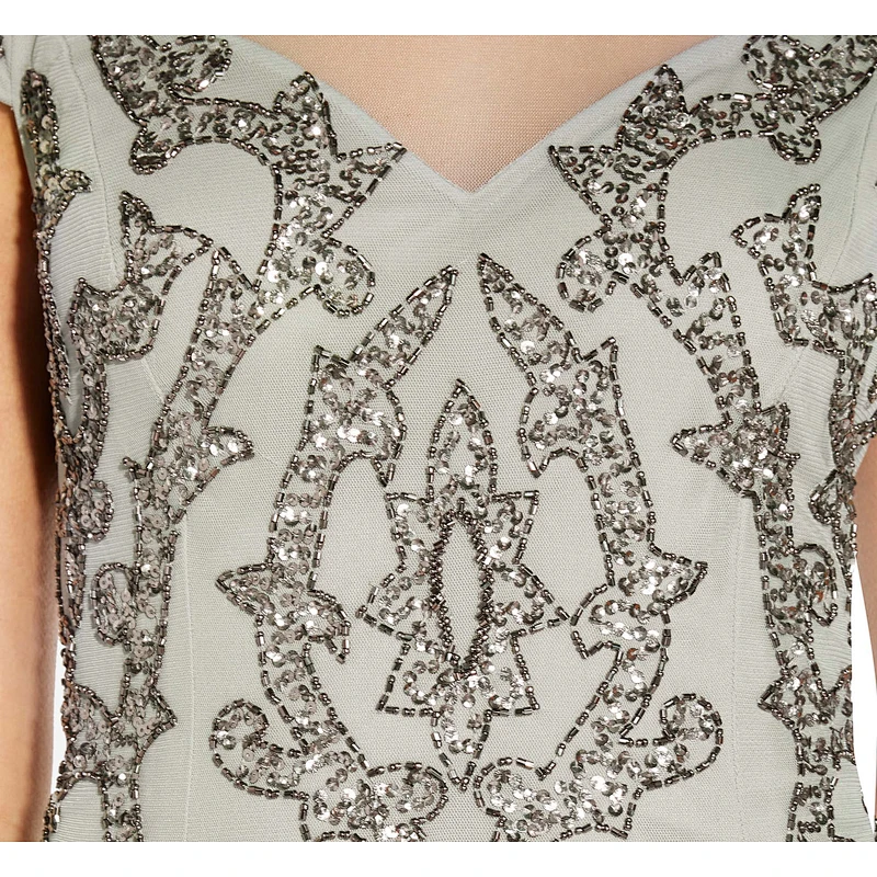 2021 New Arrival HAND-BEADED COCKTAIL DRESS WITH ILLUSION NECKLINE IN FROSTED SAGE EVENING DRESS